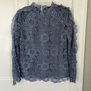 INA Lace Crochet Overlay Ruffle Long Sleeve High Neck Blouse Coquette Size Large